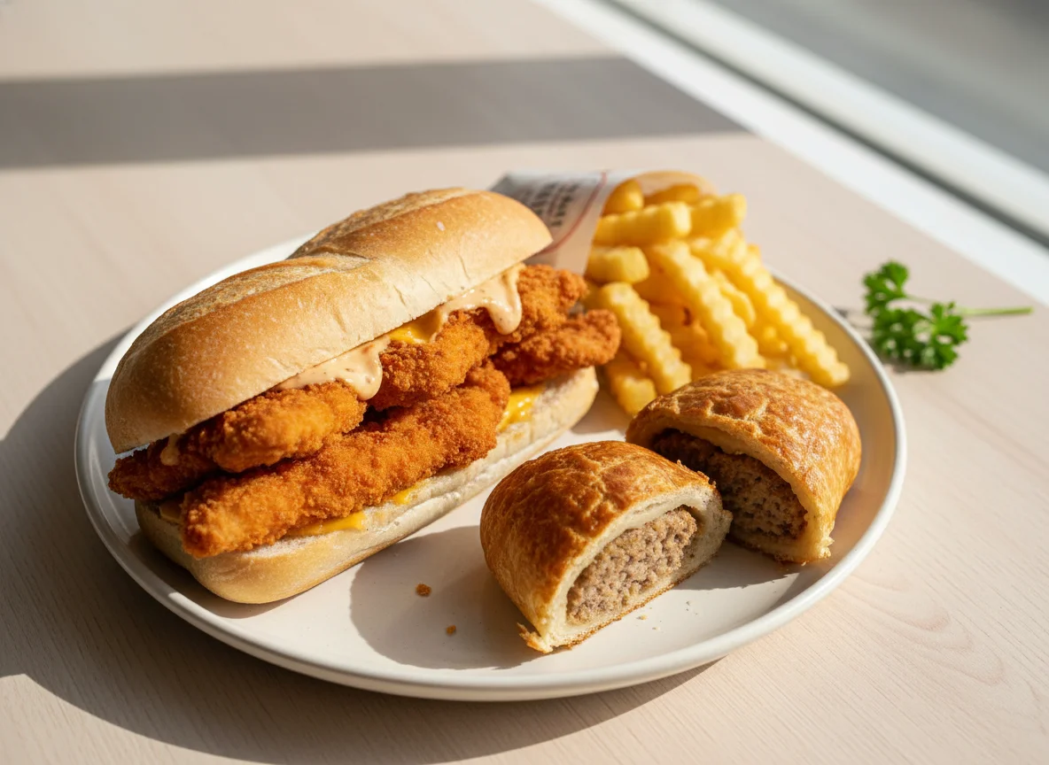 Chicken Finger Sub with Chips and Sausage Roll photo