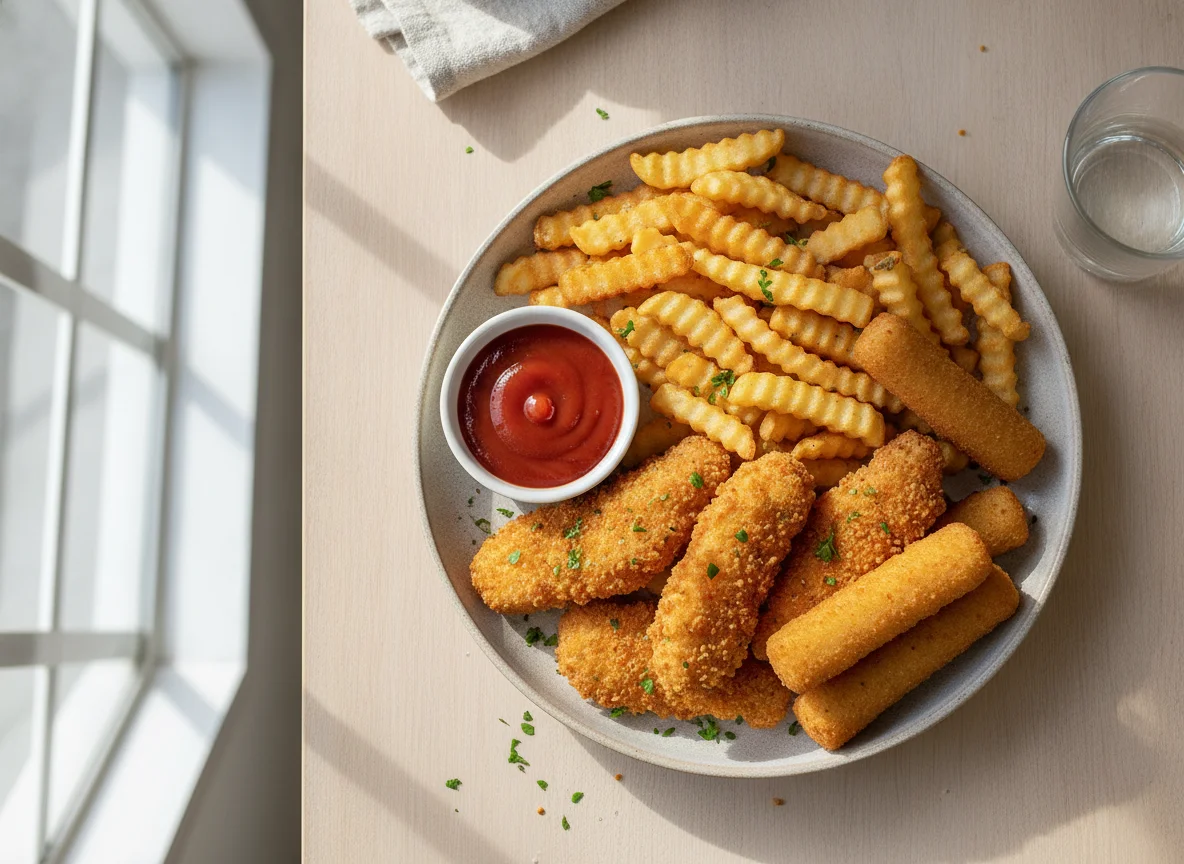 Chicken fingers with french fries and mozzarella stick photo