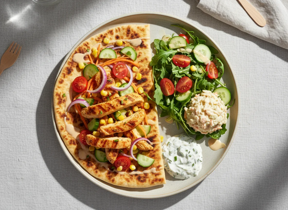 Chicken Flatbread with Side Salad and Sauce photo