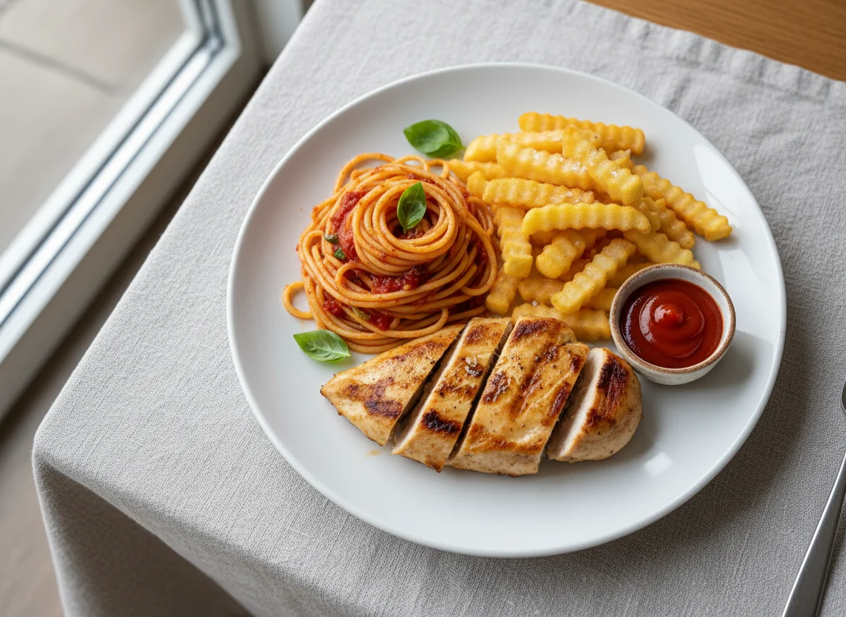 Chicken, Fries and Spaghetti Meal photo