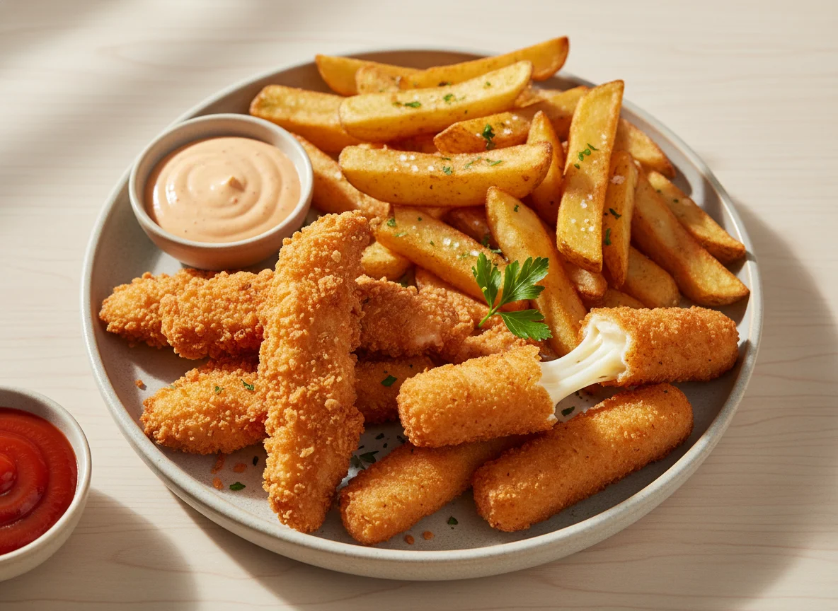 Chicken Goujons, Chips and Mozzarella Sticks photo