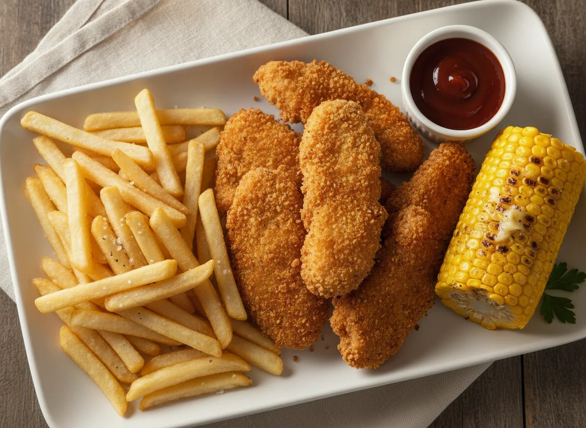 Chicken Goujons with Chips and Corn on the Cob photo