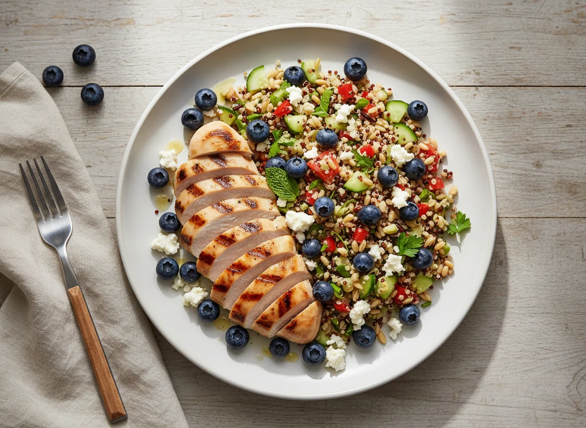 Chicken, Grain Salad, Blueberries and Goat Cheese photo