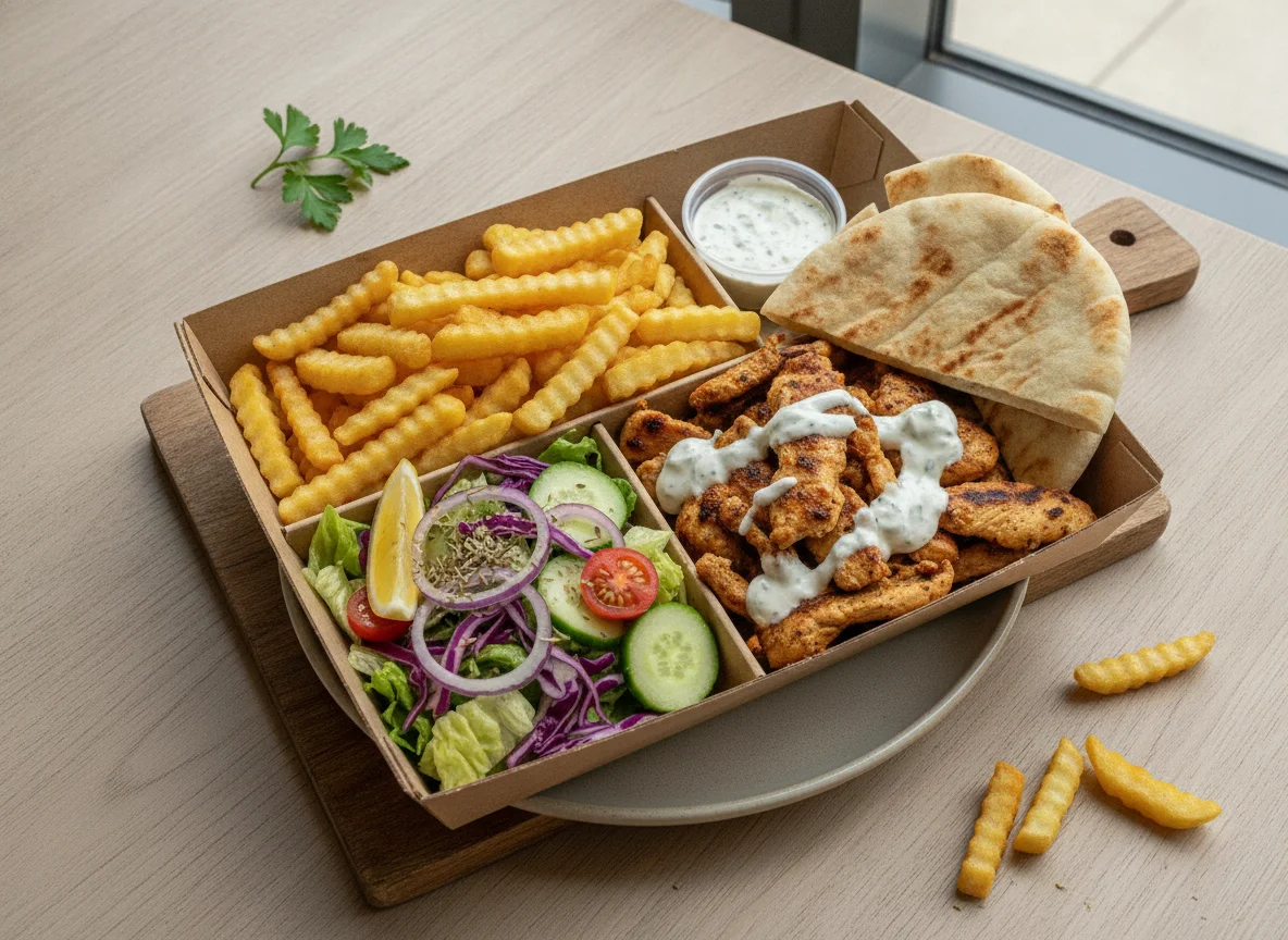 Chicken Gyros Box with Chips and Salad photo