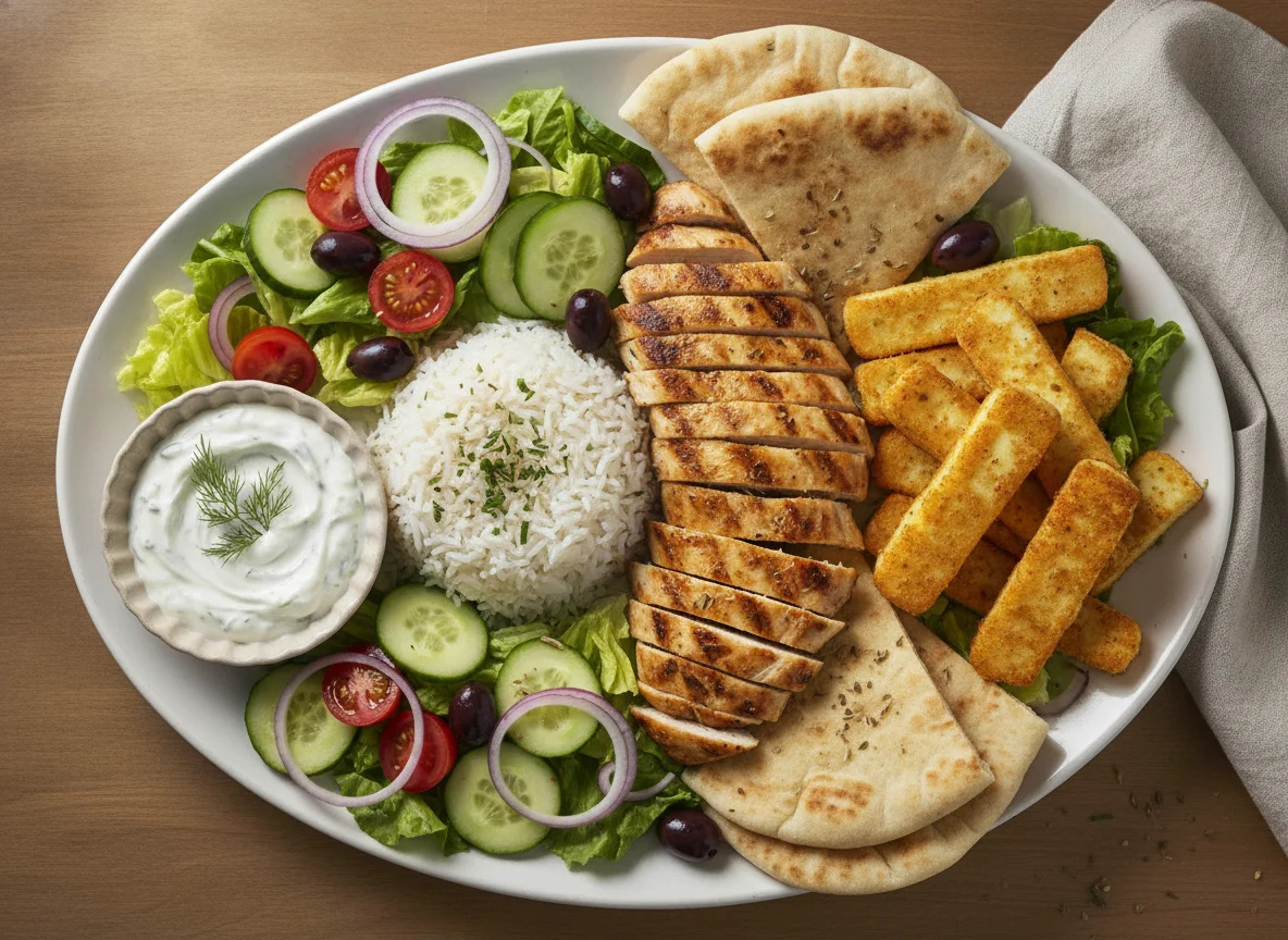 Chicken Gyros Platter with Rice and Halloumi Fries photo