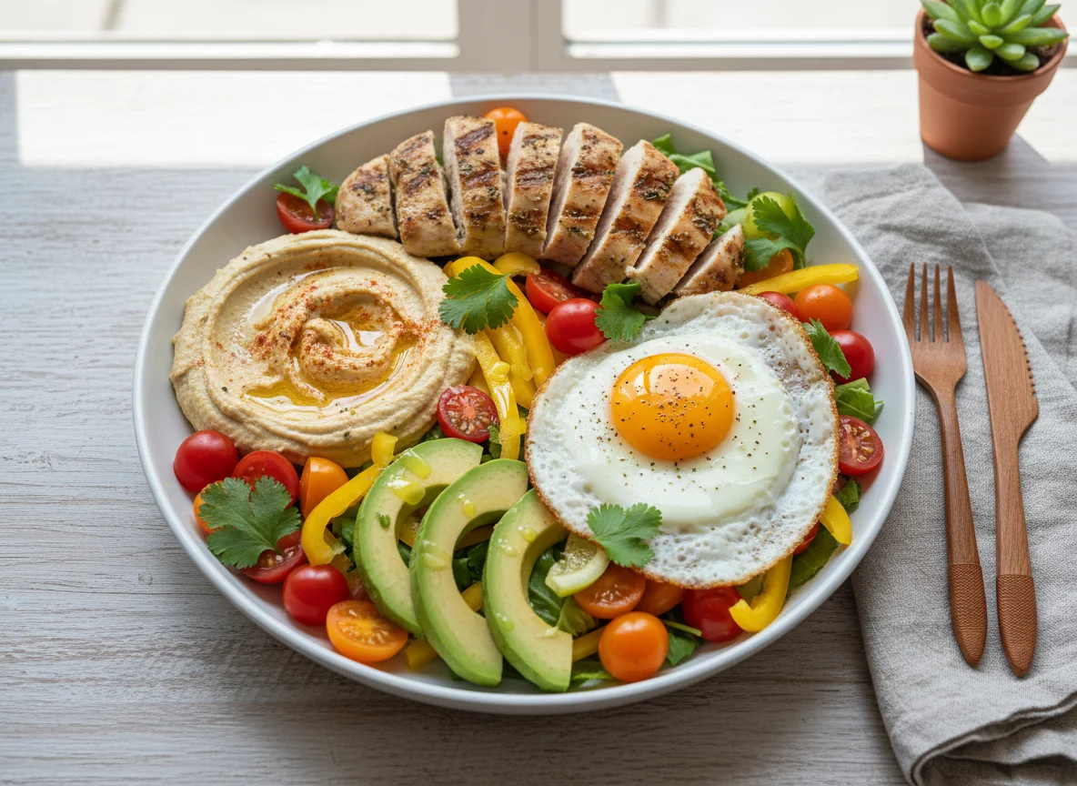 Chicken, Hummus, Egg and Vegetable Salad Plate photo