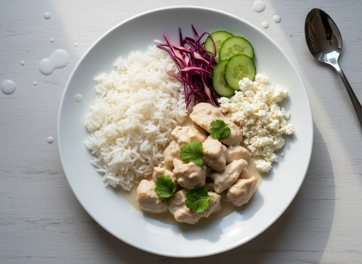Chicken in coconut milk with rice and cottage cheese photo