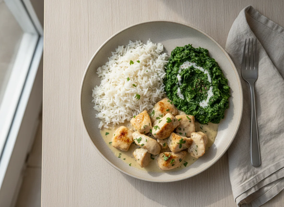 Chicken in Cream Sauce with Rice and Creamed Spinach photo
