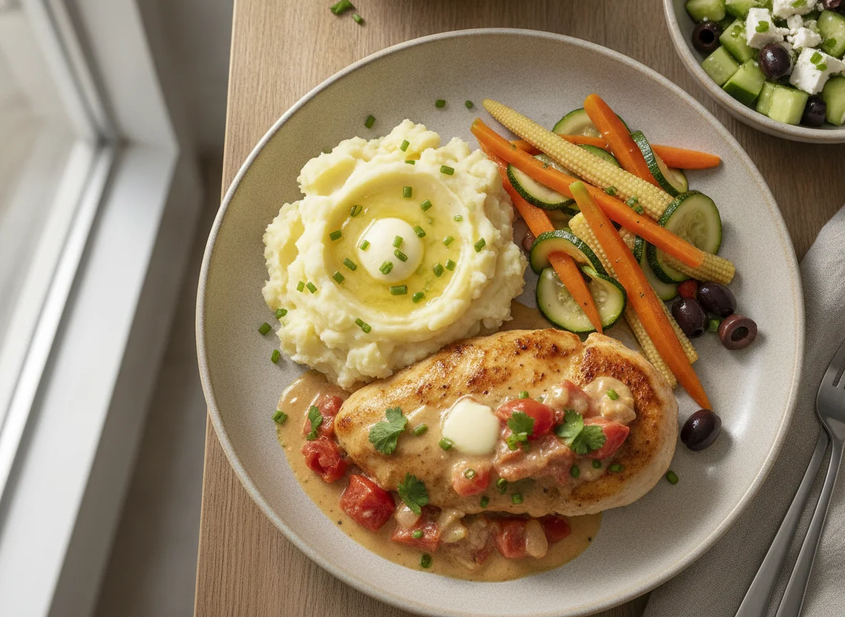 Chicken in Creamy Sauce with Mashed Potatoes and Sautéed Vegetables photo