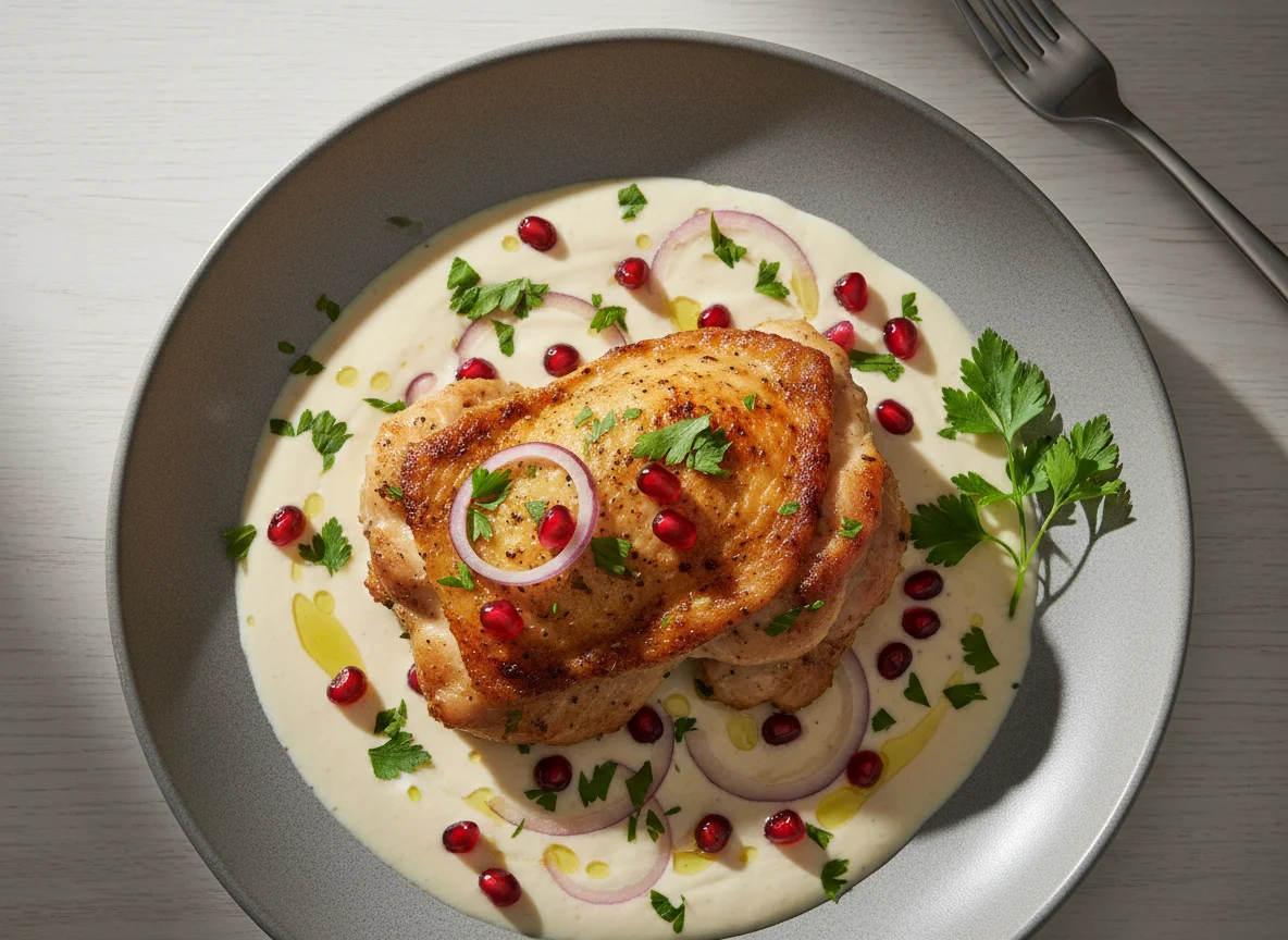 Chicken in creamy sauce with pomegranate and herbs photo