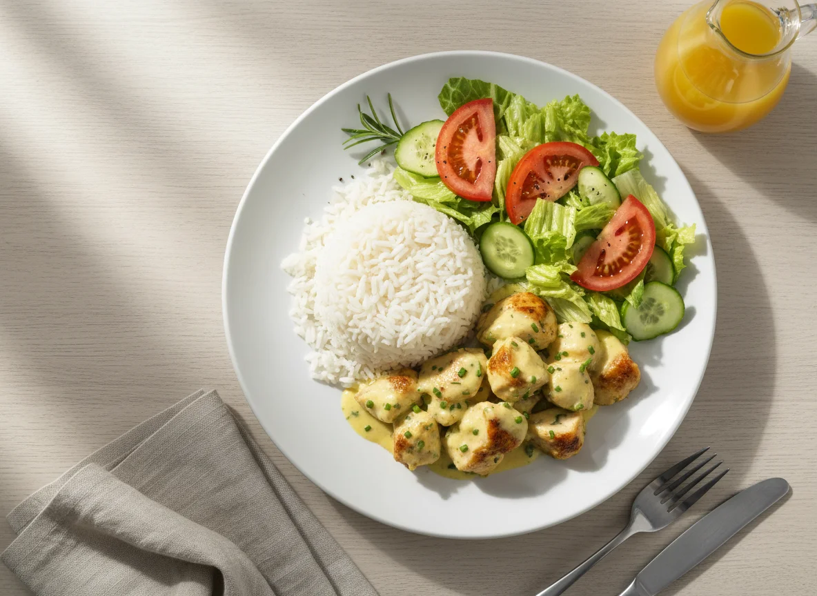 Chicken in creamy sauce with rice and salad photo