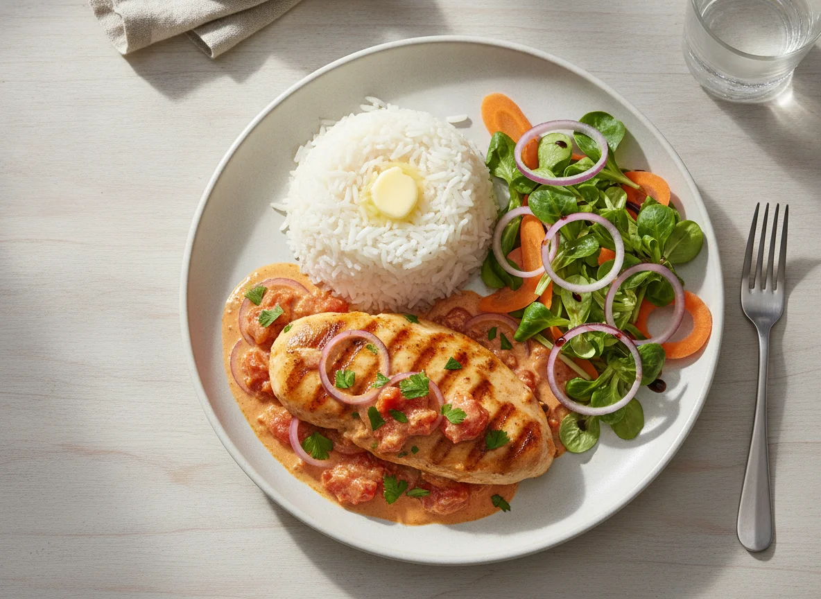 Chicken in Creamy Sauce with Rice and Side Salad photo