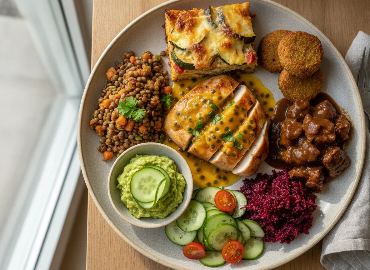Chicken in passion fruit sauce with mixed salad and sides photo