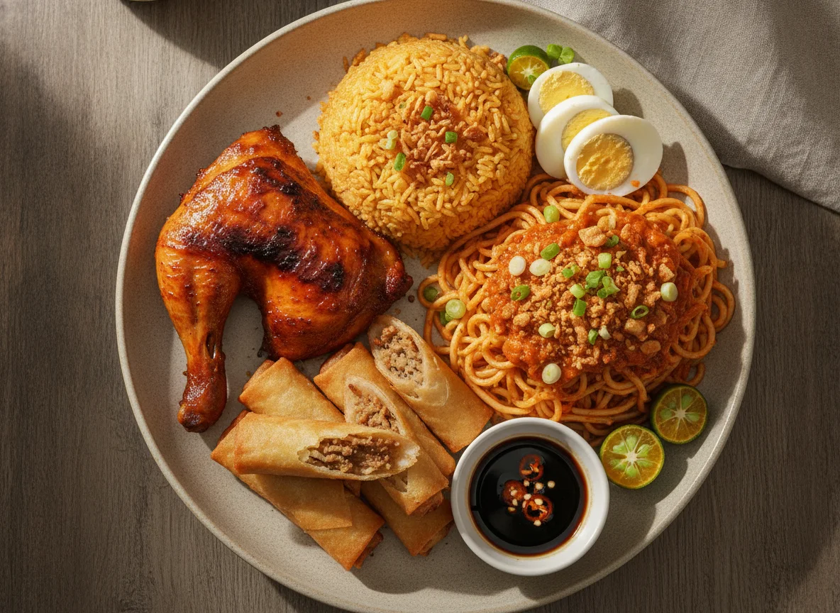 Chicken Inasal with Java Rice, Pancit Palabok, and Lumpiang Shanghai photo