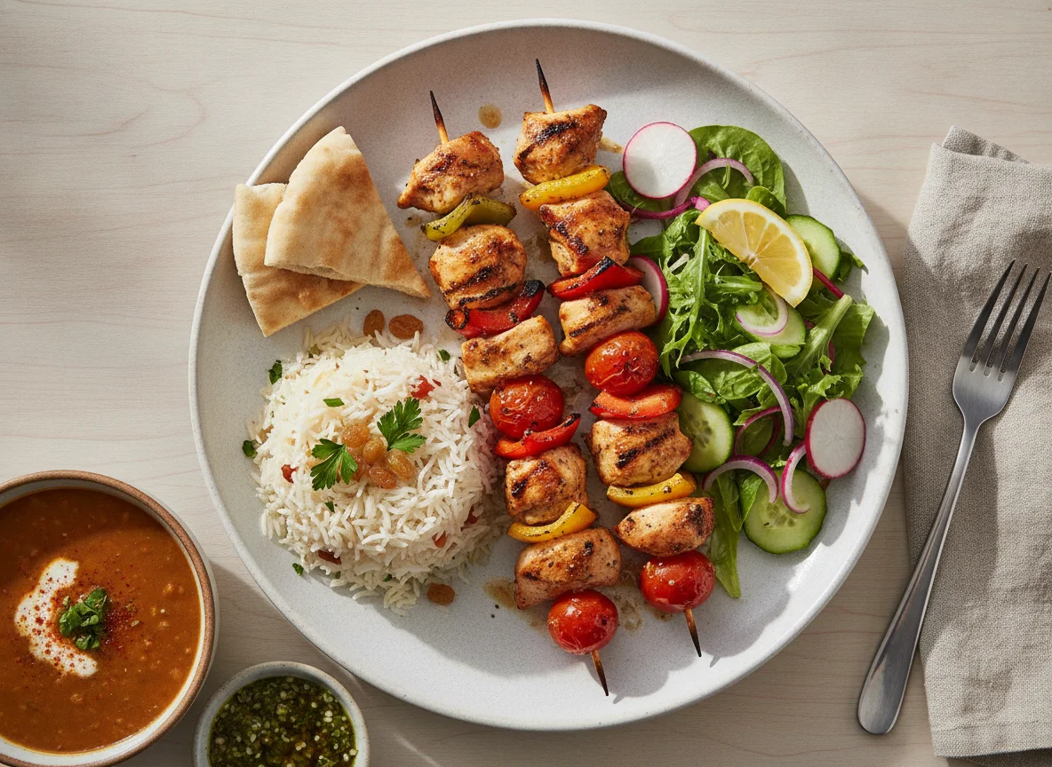 Chicken Kabob with Rice and Vegetables photo