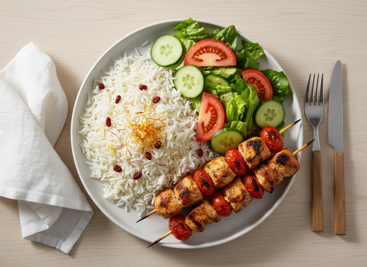 Chicken Kabob with Saffron Rice and Salad photo