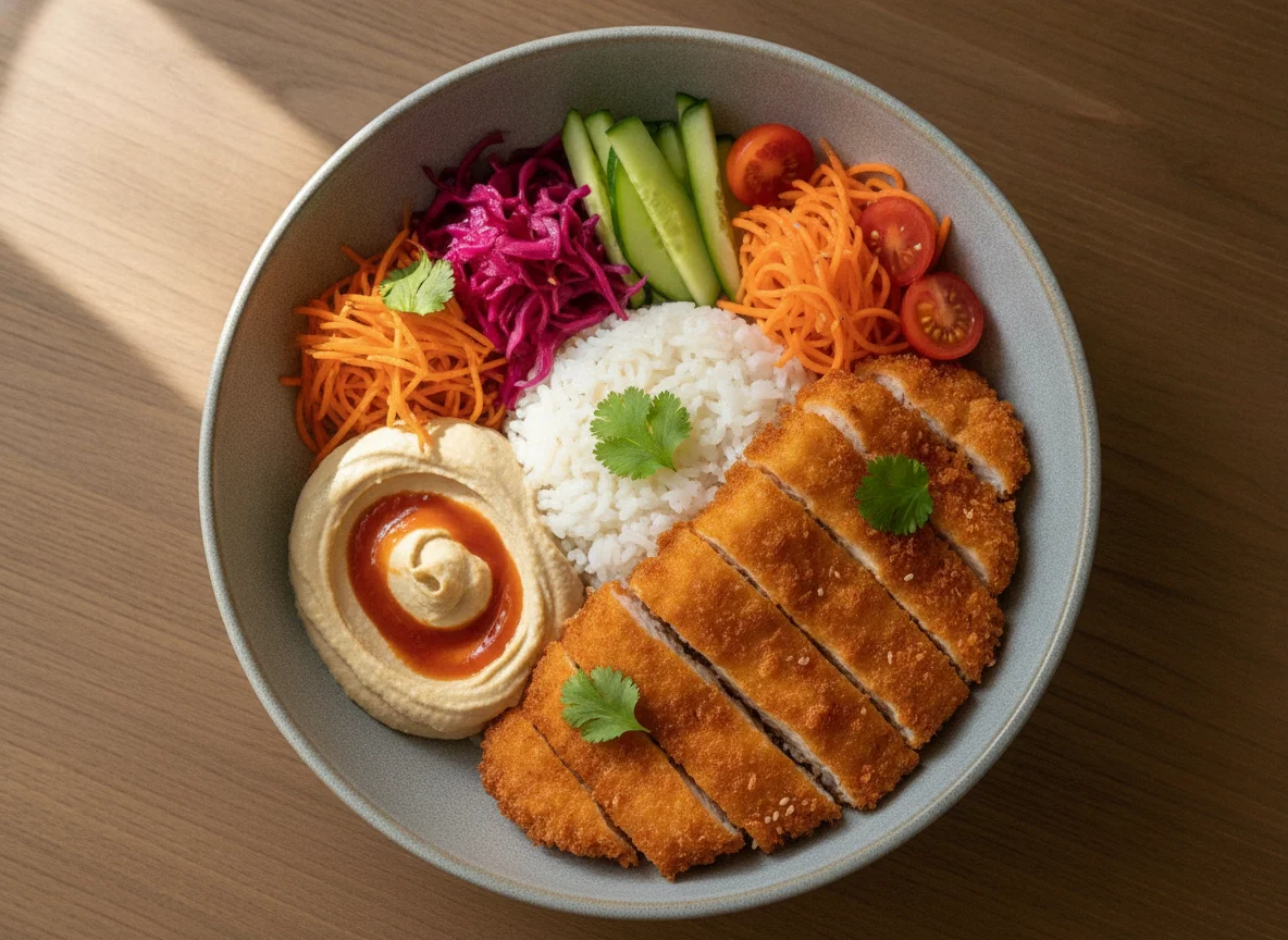 Chicken Katsu Bowl with Hummus and Vegetables photo