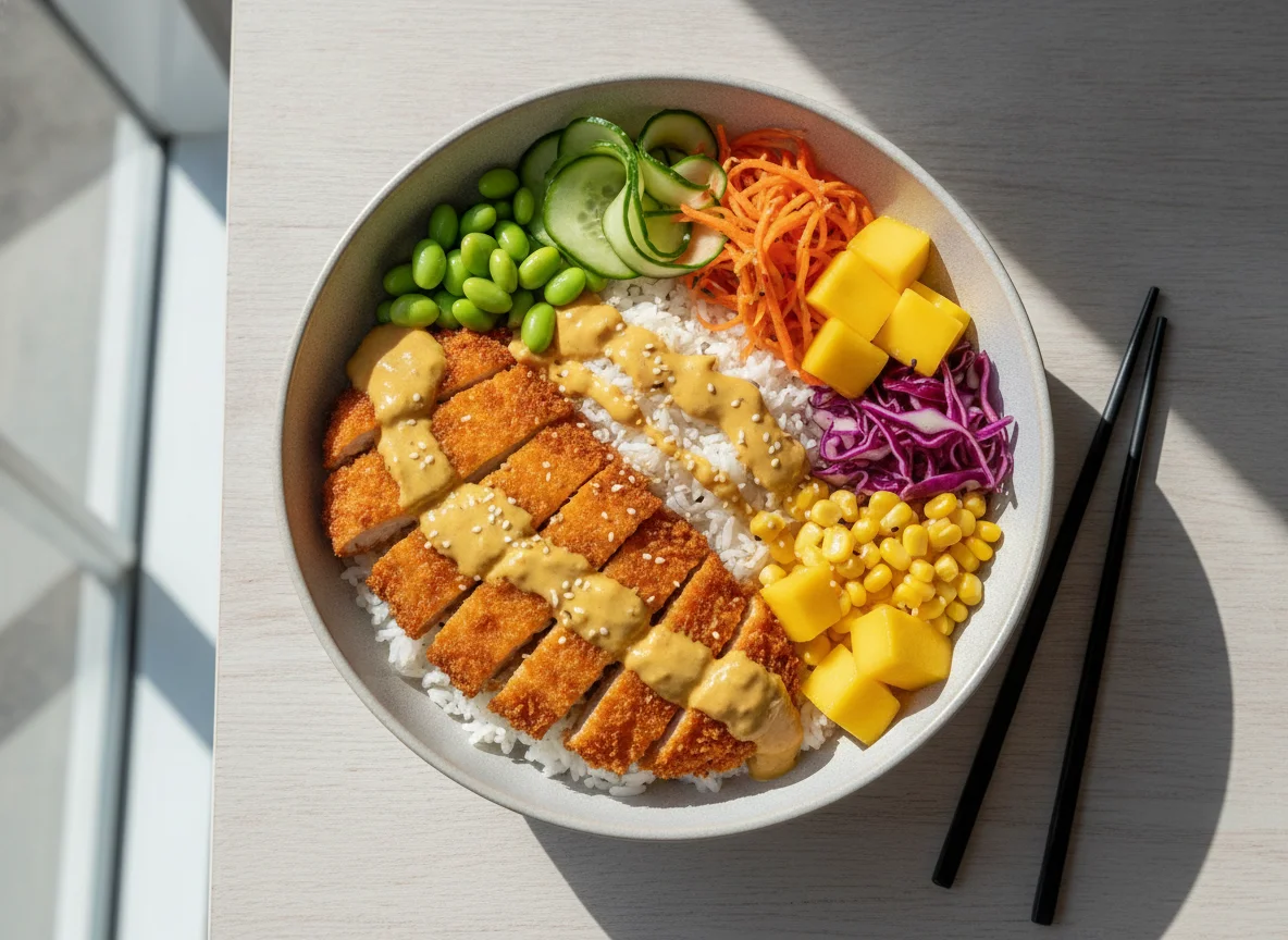Chicken Katsu Bowl with Rice and Vegetables photo
