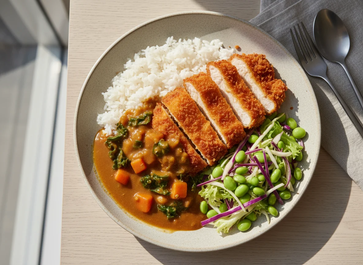 Chicken Katsu Curry with Rice and Edamame Salad photo