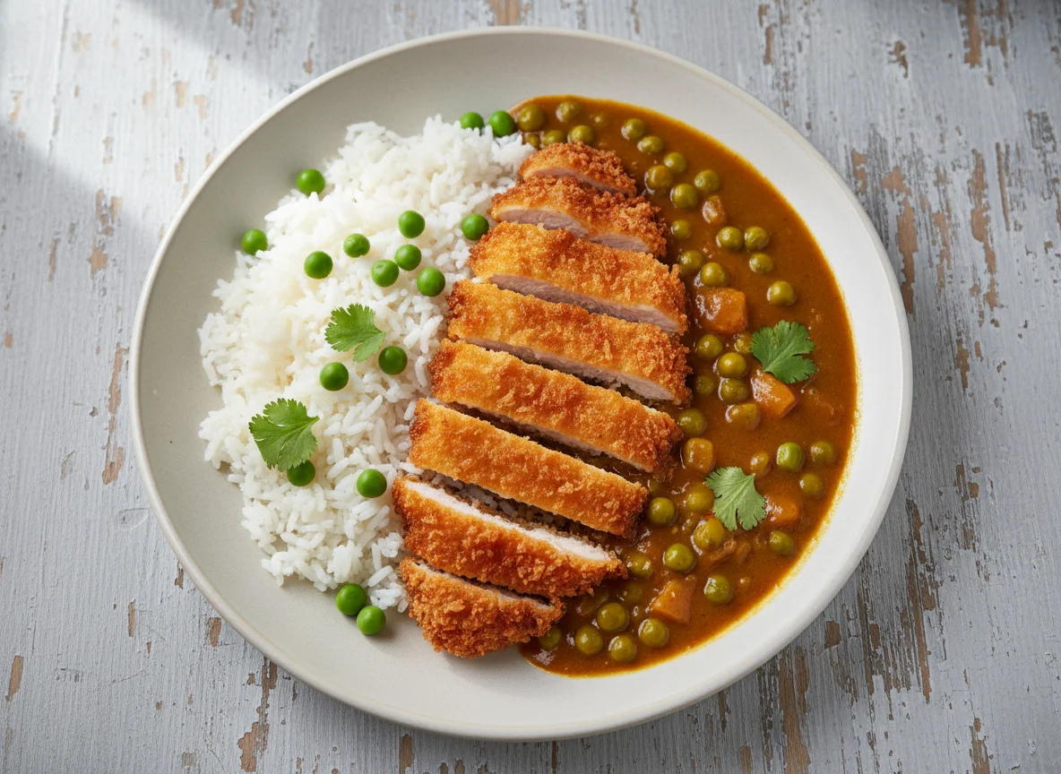 Chicken Katsu Curry with Rice and Peas photo
