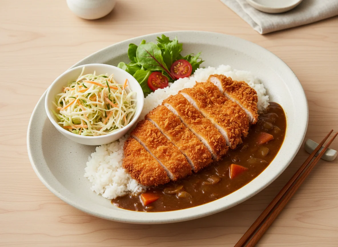 Chicken Katsu Curry with Rice and Salad photo