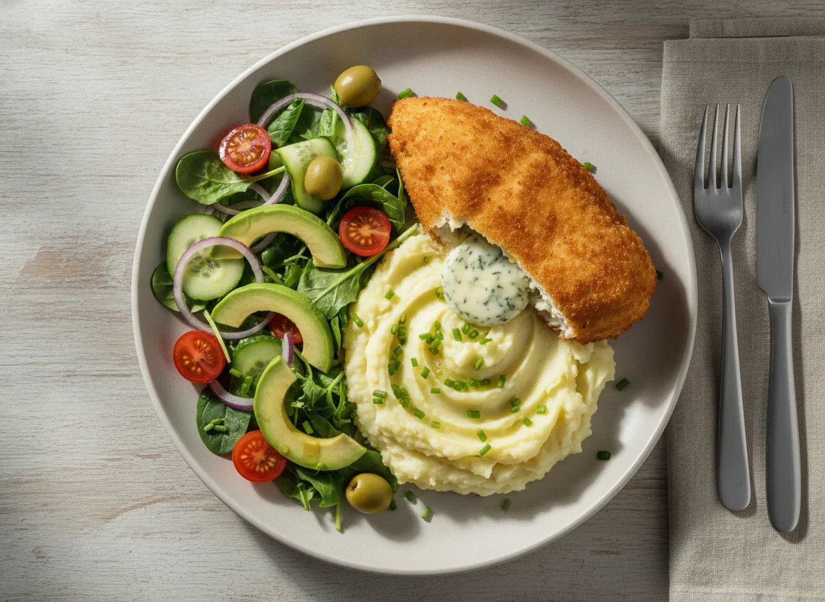 Chicken Kiev with Mashed Potato and Garden Salad photo