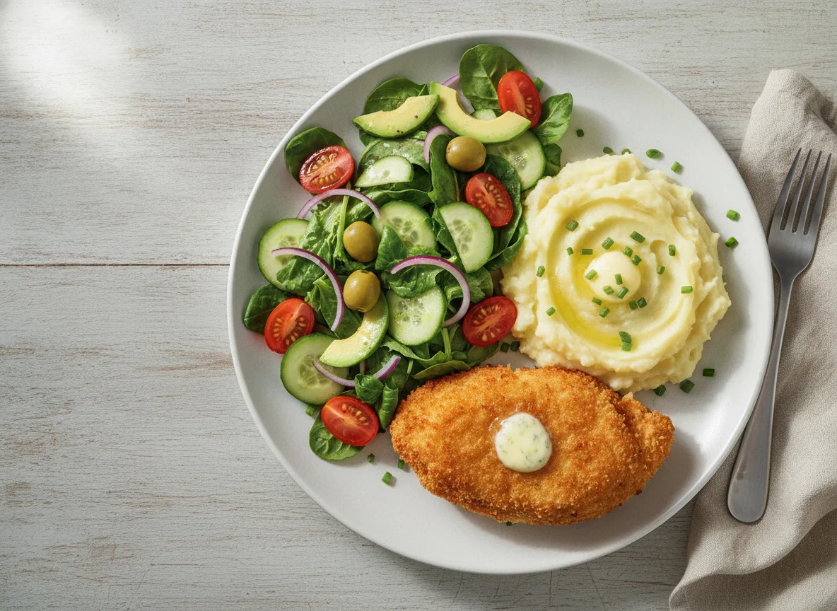 Chicken Kiev with Mashed Potatoes and Garden Salad photo