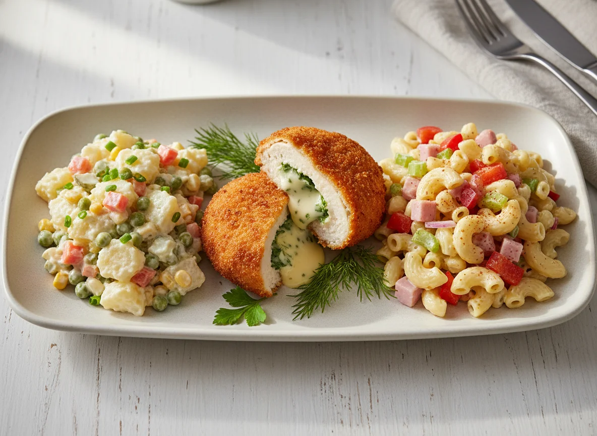 Chicken Kiev with Potato and Macaroni Salads photo