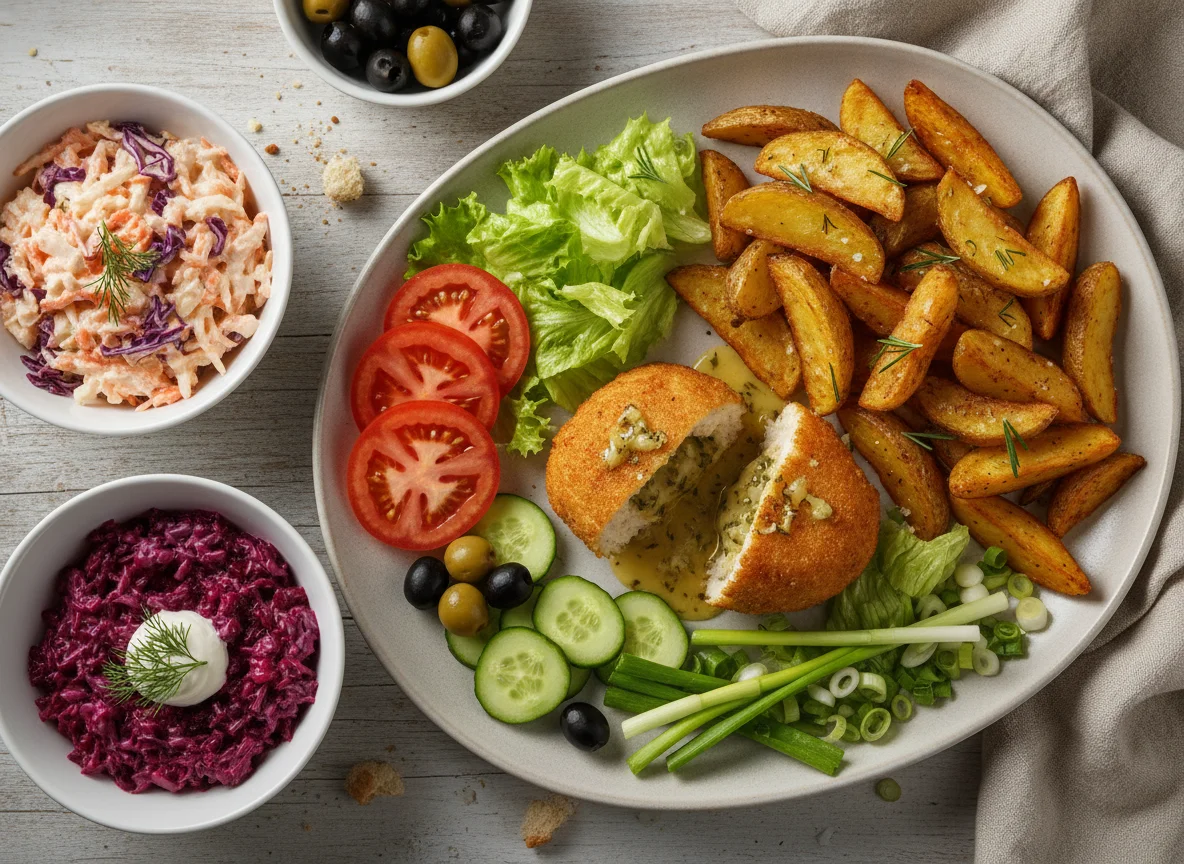 Chicken Kiev with Potato Wedges and Mixed Salads photo