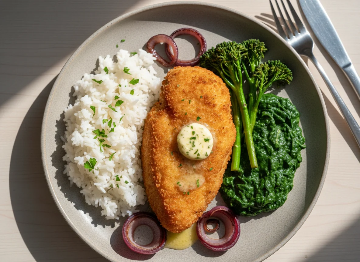 Chicken Kiev with Rice and Vegetables photo