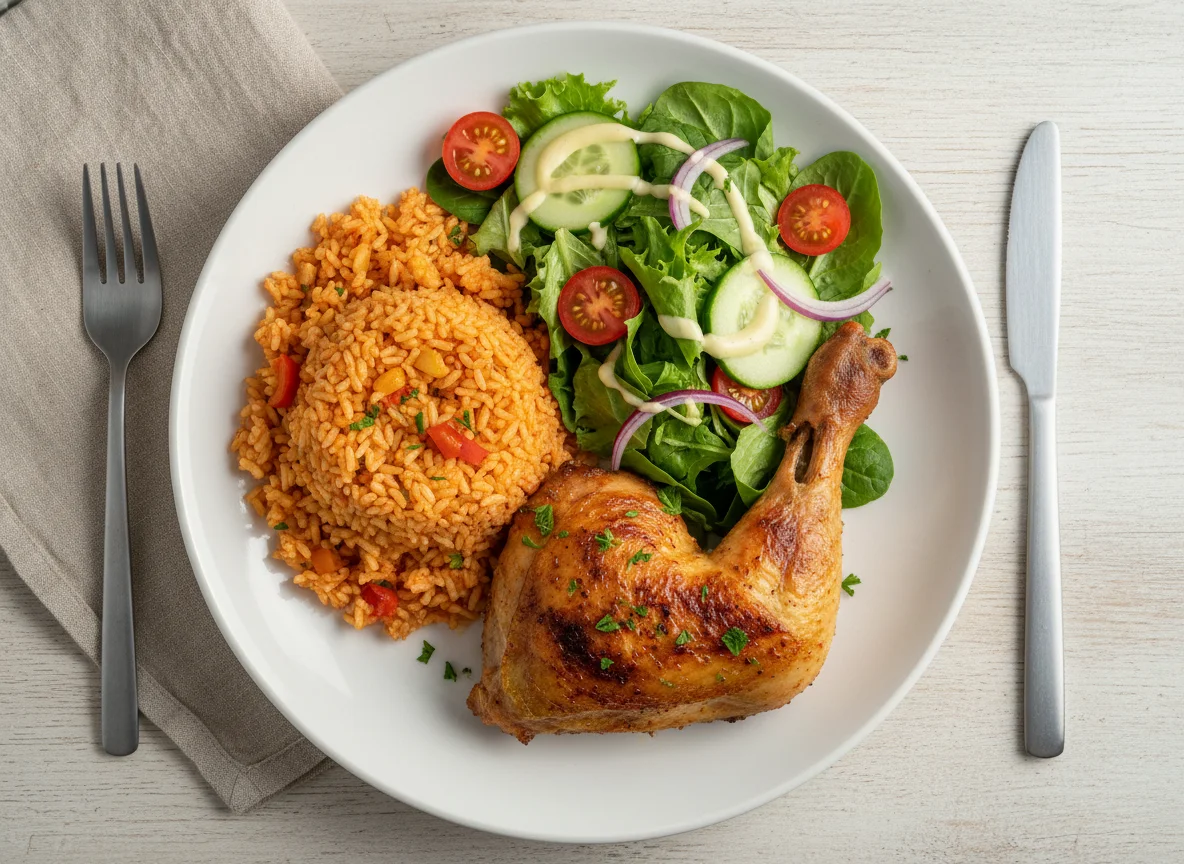 Chicken Leg with Jollof Rice and Mixed Salad photo