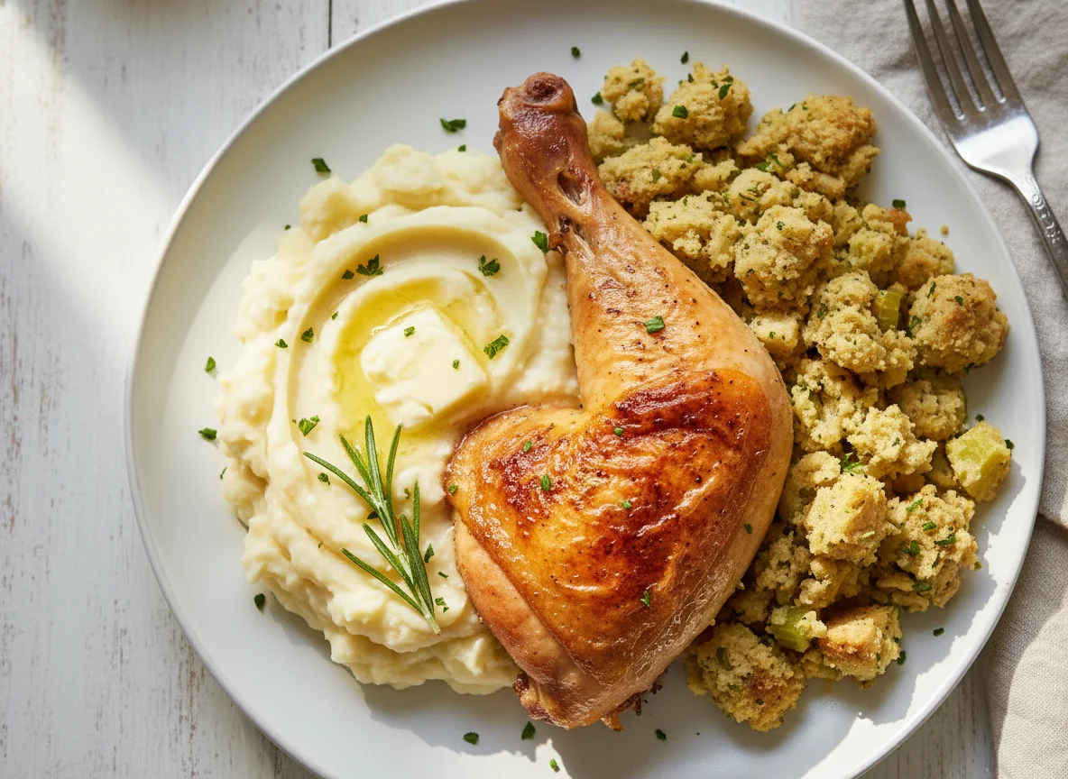 Chicken Leg with Mashed Potatoes and Stuffing photo