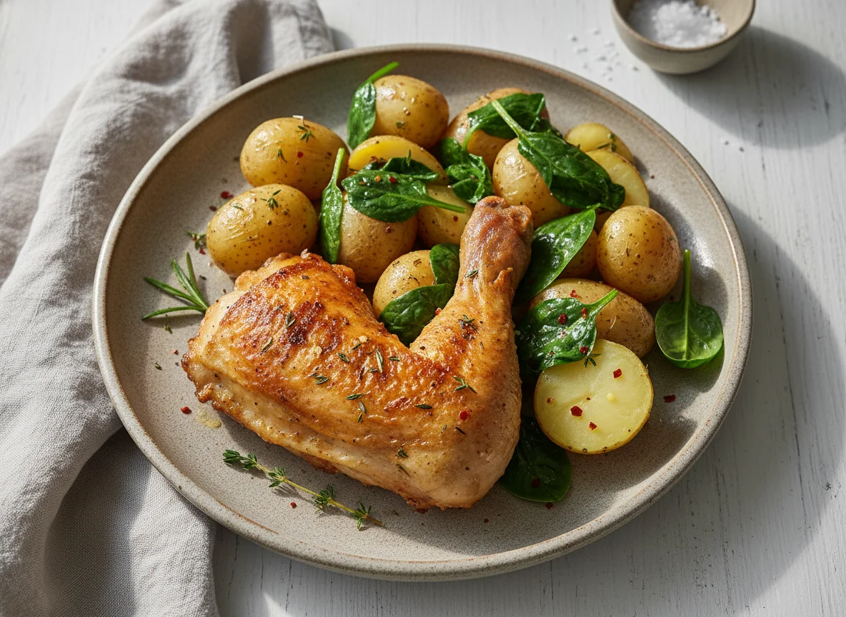 Chicken Leg with Potatoes and Spinach photo