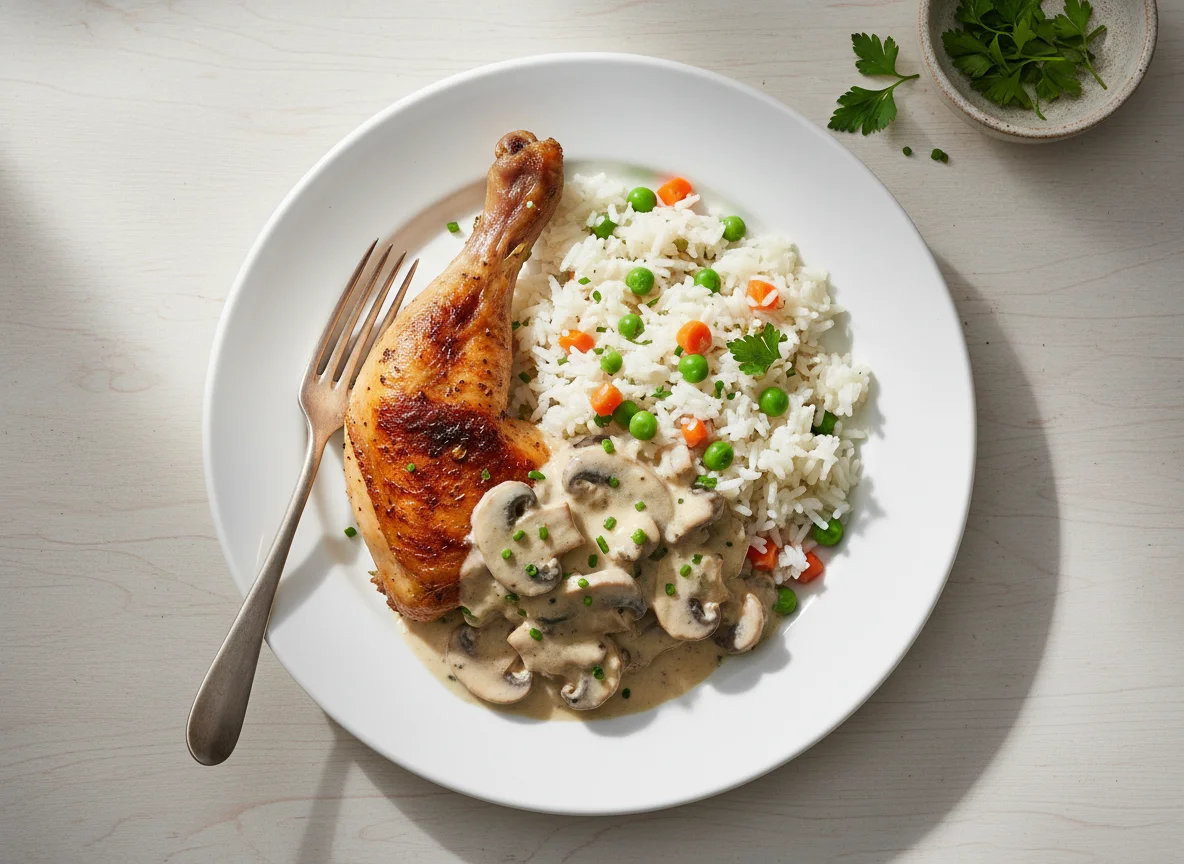 Chicken leg with rice and creamy sauce photo