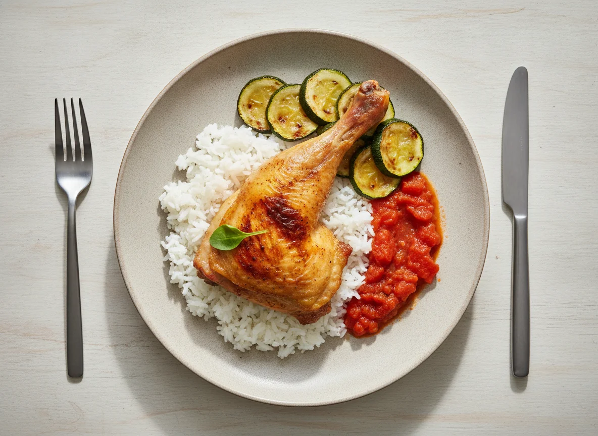 Chicken leg with rice and vegetables photo