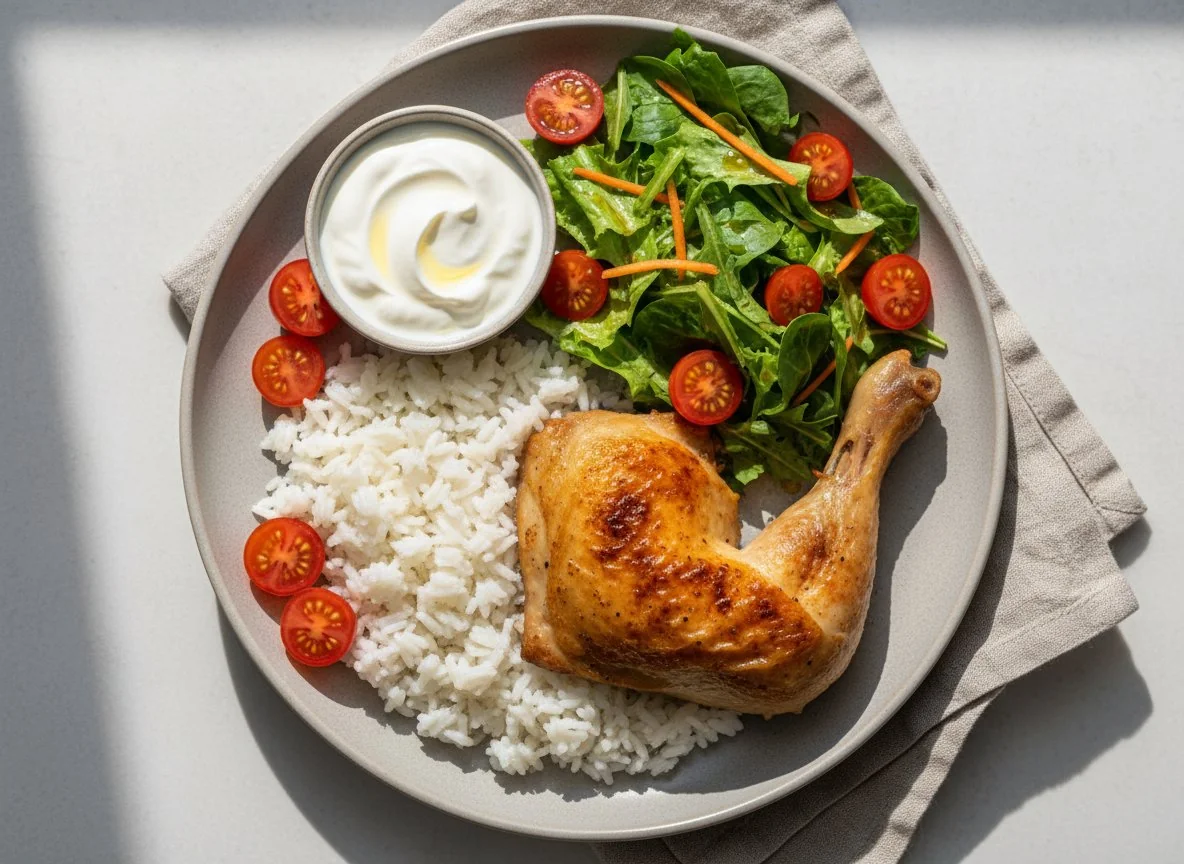 Chicken leg with rice, salad, cherry tomatoes, and skyr photo