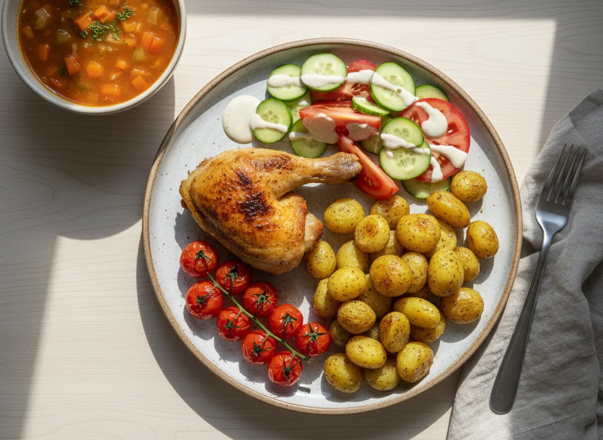 Chicken leg with roasted potatoes, cherry tomatoes, salad, and soup photo