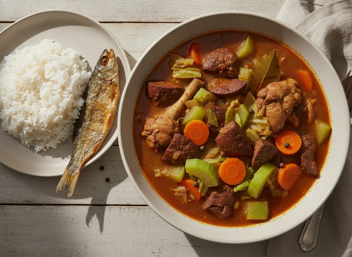 Chicken Liver and Vegetable Stew with Rice and Dried Fish photo