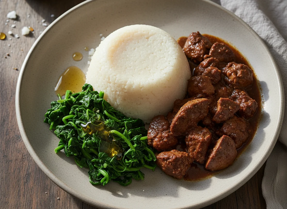 Chicken Liver Stew with Ugali and Boiled Rape Greens photo
