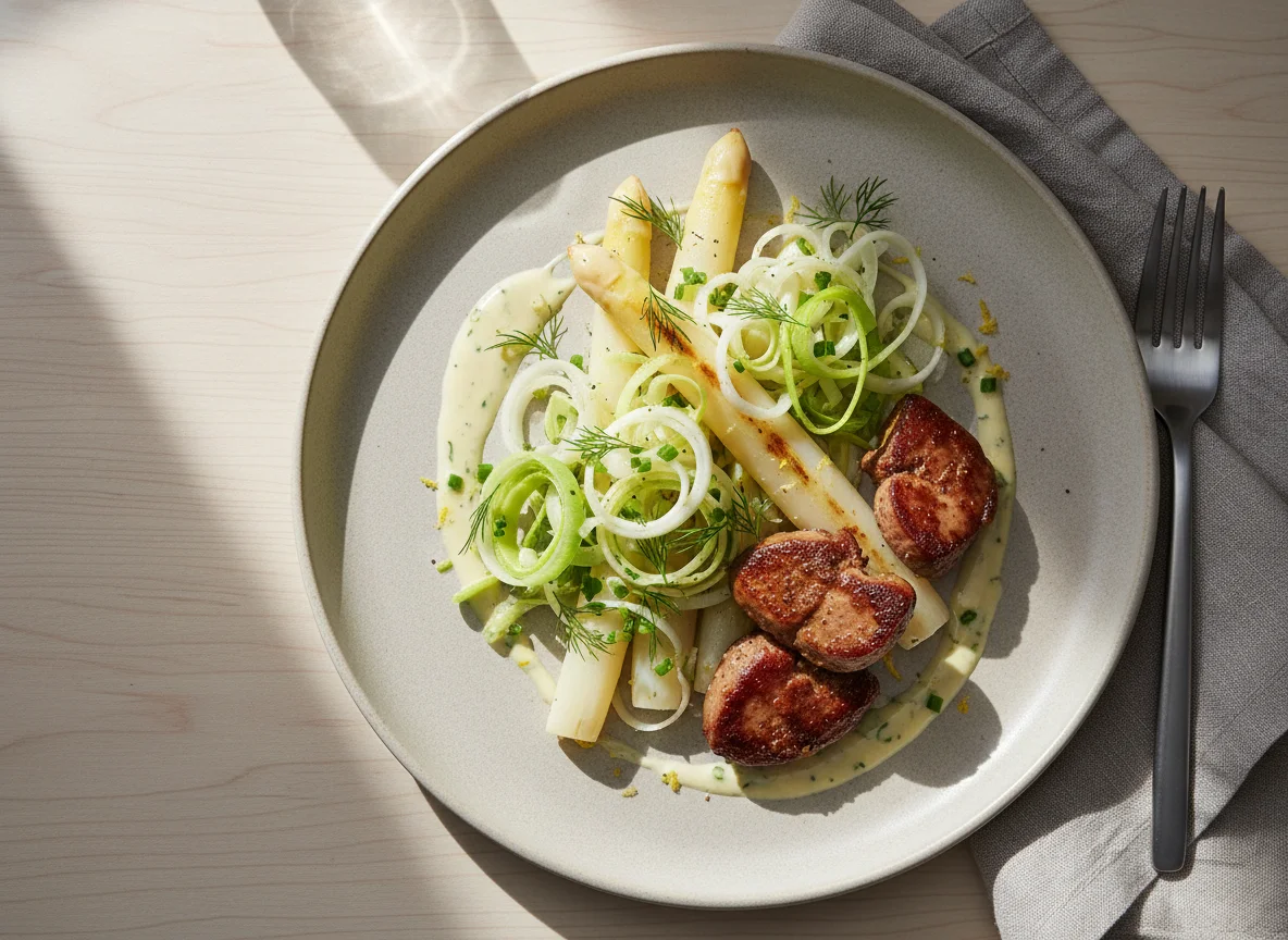 Chicken Liver with Asparagus and Leek Salad photo