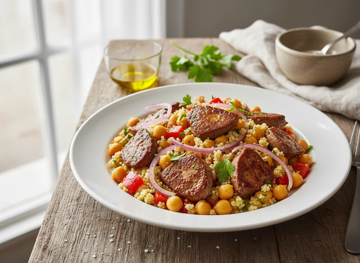 Chicken Liver with Couscous, Chickpeas and Vegetables photo
