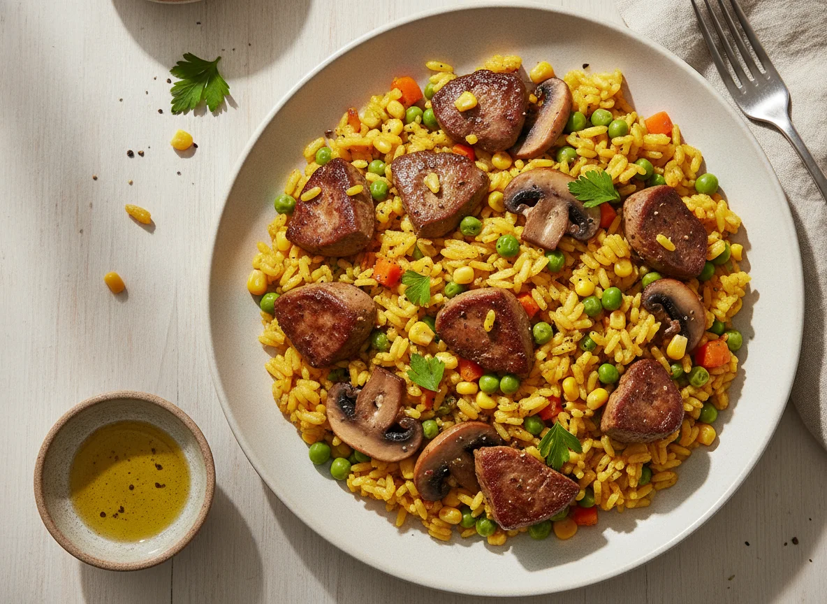 Chicken liver with turmeric rice and mixed vegetables photo