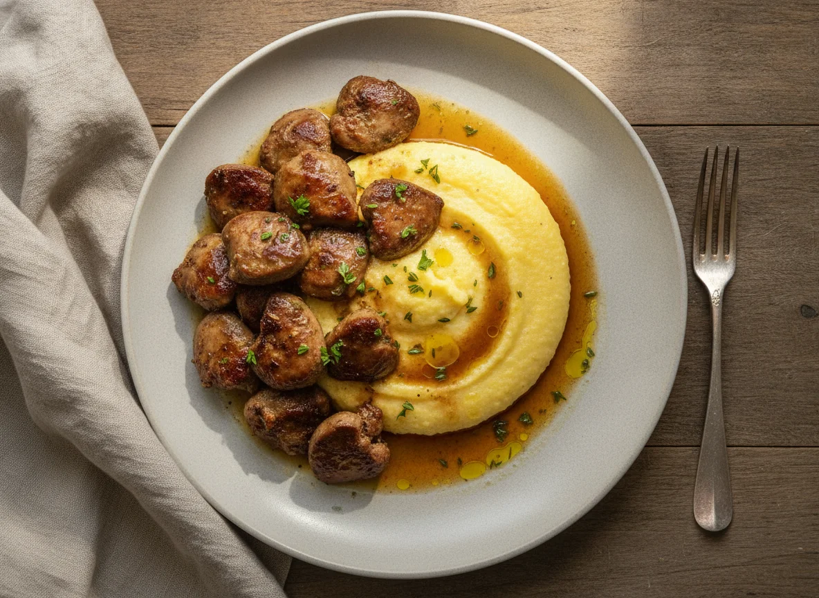 Chicken livers with polenta photo