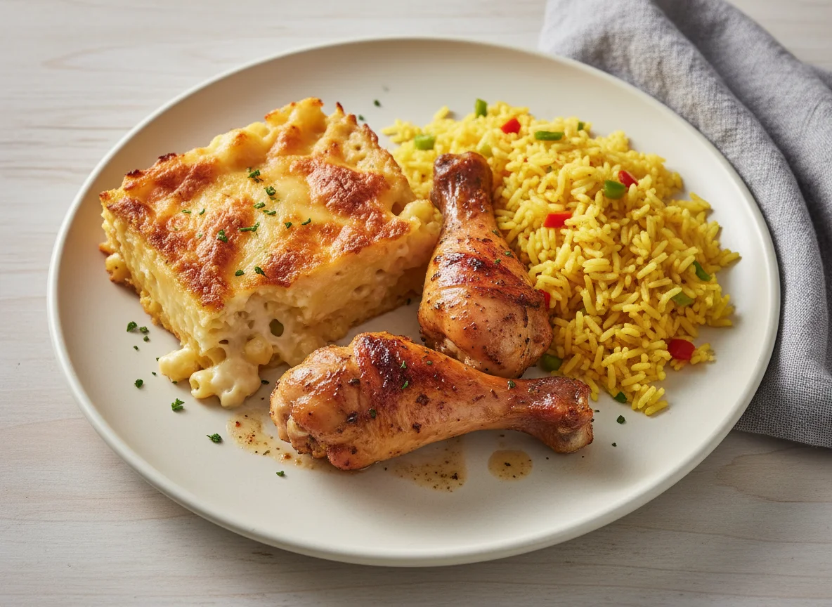 Chicken, Mac and Cheese, and Rice Meal photo