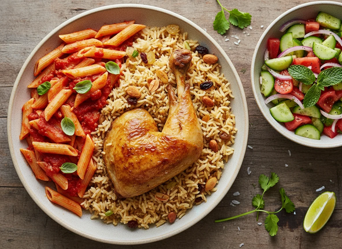Chicken Mandi with Pasta and Side Salad photo