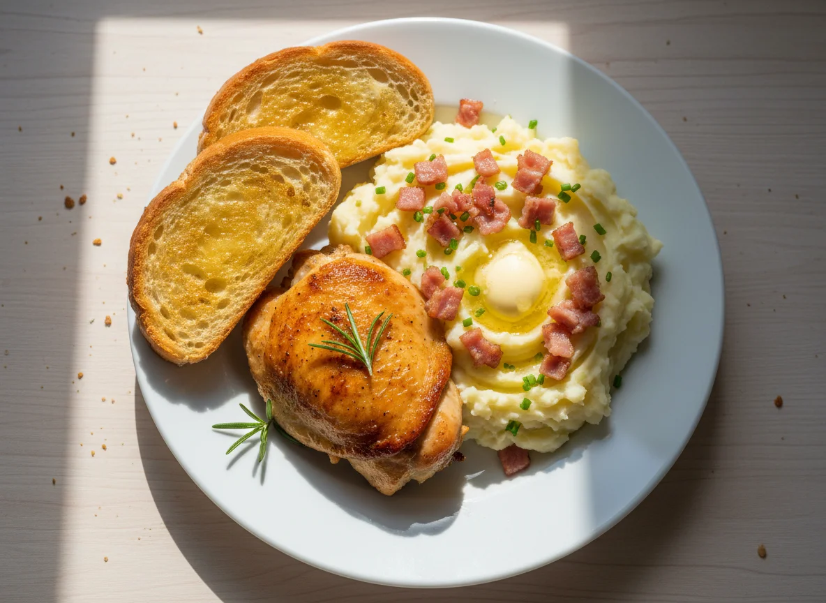 Chicken, Mashed Potatoes and Toast photo