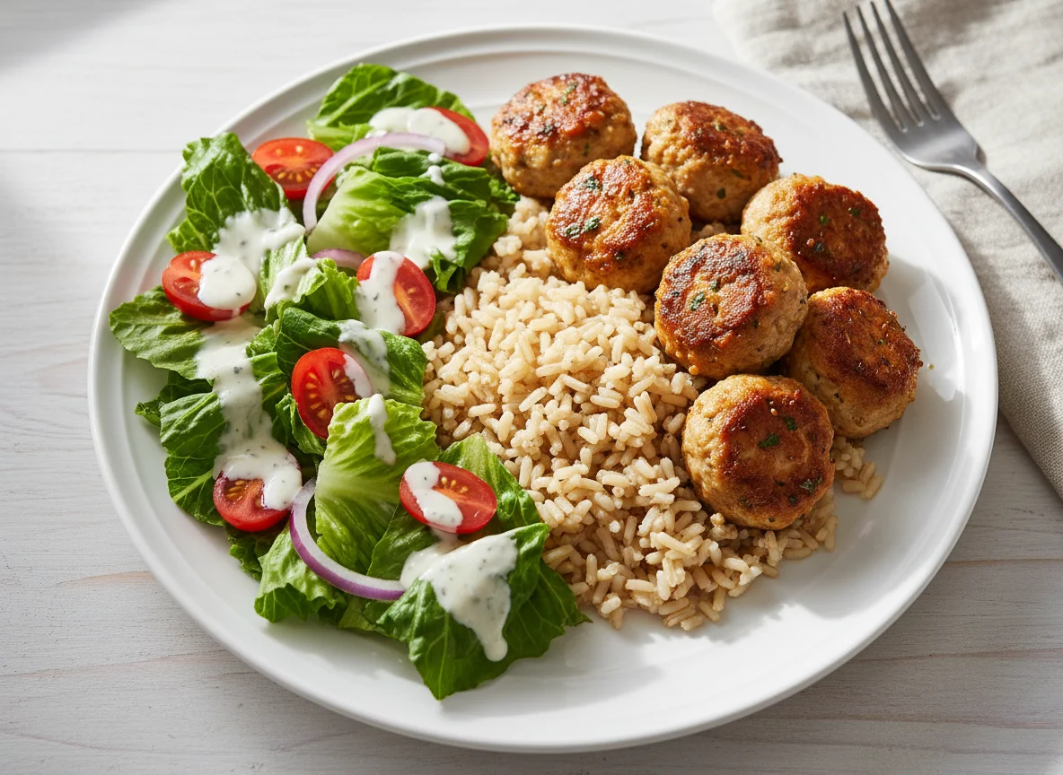Chicken Meatballs with Brown Rice and Garden Salad photo