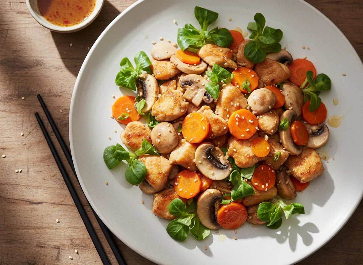 Chicken, Mushroom, and Carrot Stir-fry with Lamb's Lettuce photo