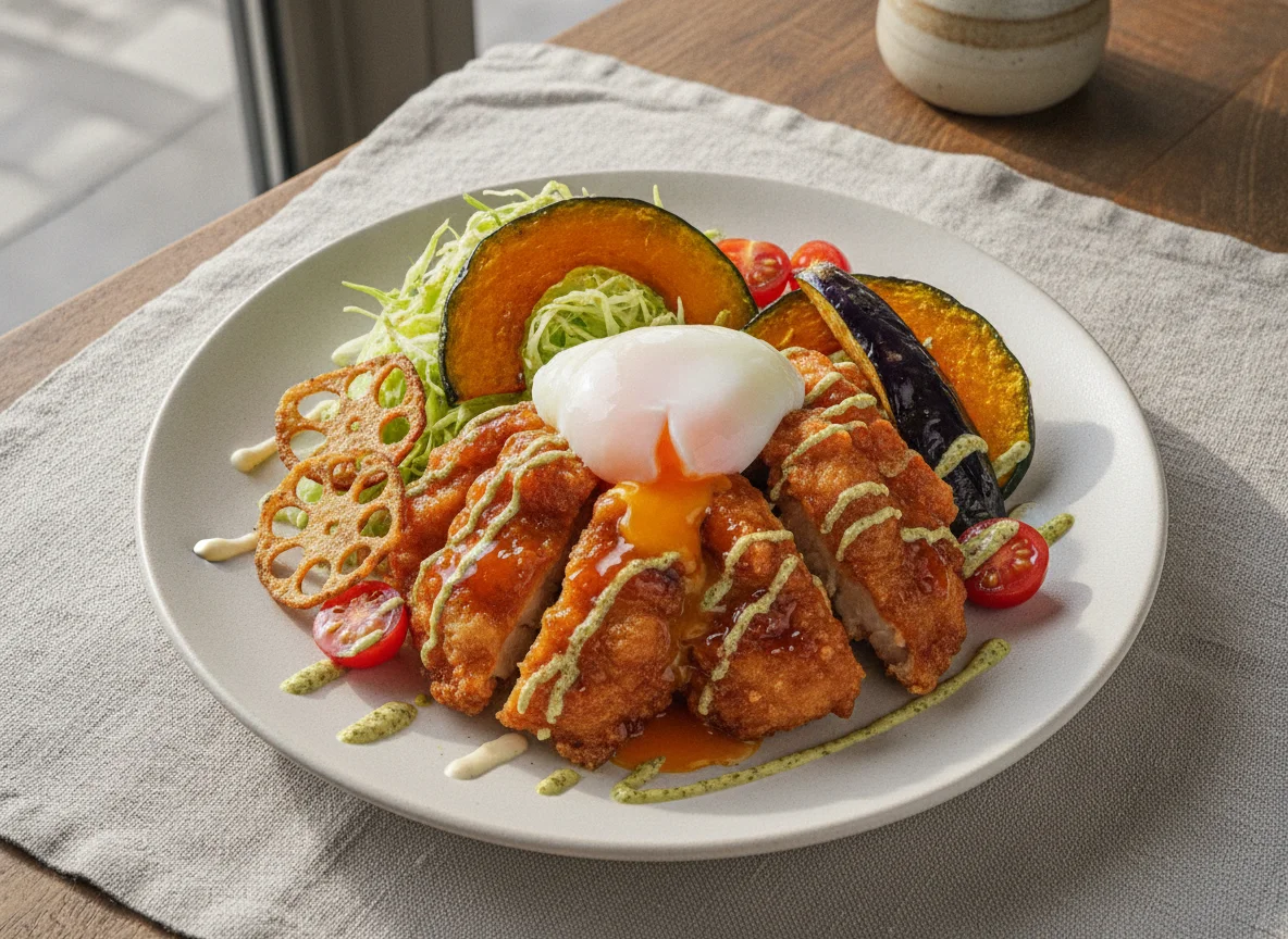 Chicken Nanban with Onsen Egg and Vegetables photo