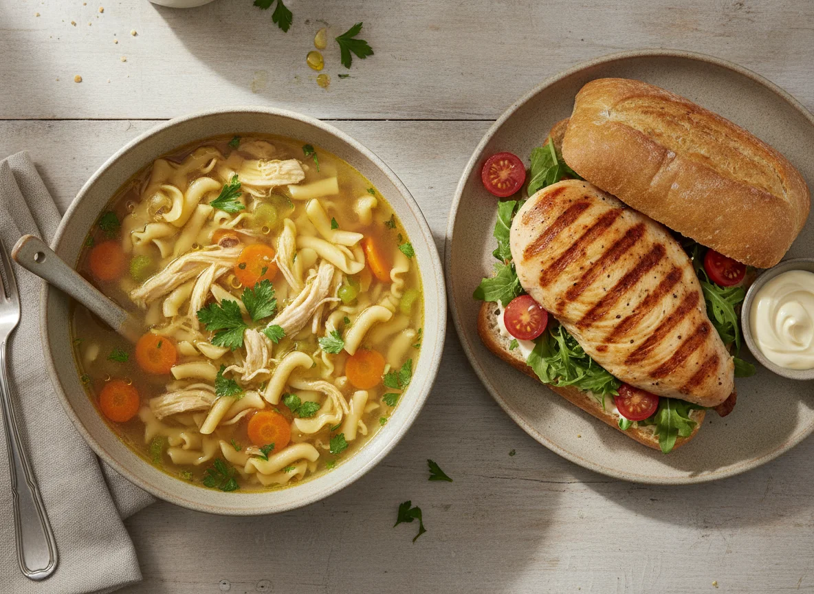 Chicken Noodle Soup and Grilled Chicken Sandwich photo